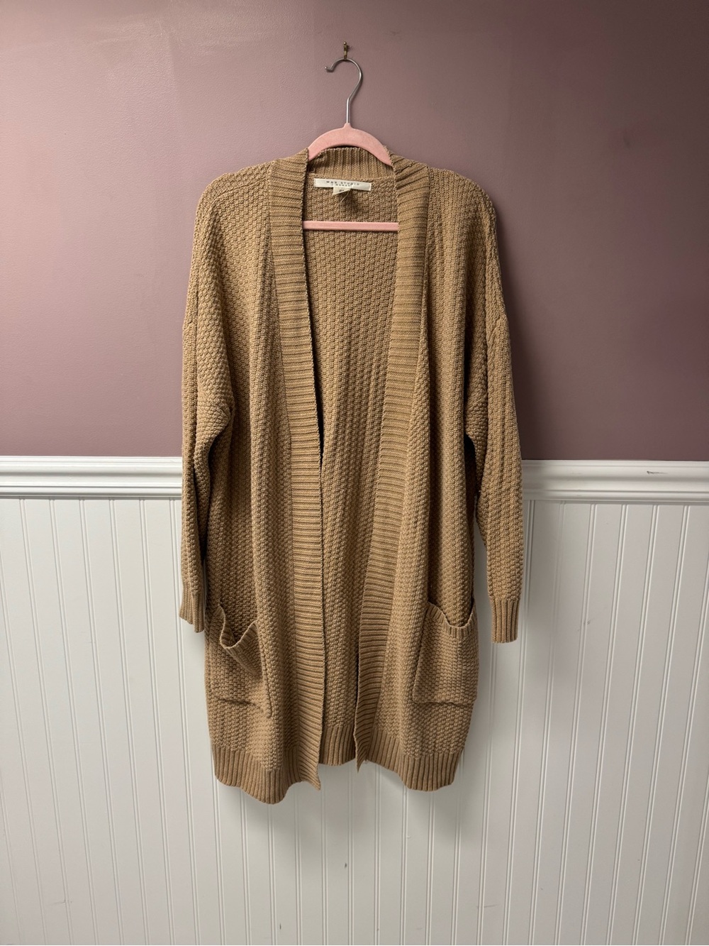 Max Studio Open-Front Long Cardigan Sweater in Camel